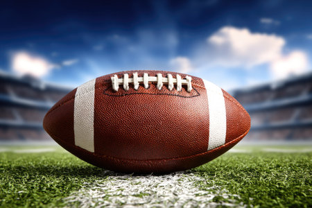 An American football rests on green turf with white yard lines. The brown and white leather football is in sharp focus against a blurred backdrop of a stadium. The image employs natural lighting and a low-angle perspective to highlight the subject. Potential applications include sports publications or promotional materials.の素材