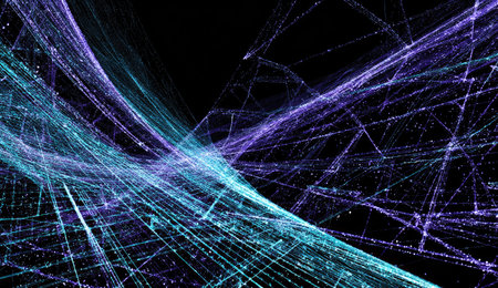 An abstract visualization showcases interconnected networks. Streams of light create dynamic lines, with hues of teal and purple against a dark background. The digital artwork's composition suggests modern concepts. Suitable for technology, data, and communication themes, potentially applicable for design or advertising uses.の素材
