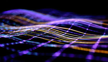 An abstract image depicts a flowing network of lines and interconnected points. The composition features a dark background, highlighted by strands of light in purple and gold. The image showcases visual texture and depth, suitable for illustrating technology, information, or scientific concepts. Potential uses include website design and digital marketing.の素材