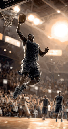 A basketball player is depicted mid-air, poised to dunk the ball in an arena. The image showcases a dynamic composition with dramatic lighting. The color palette mainly consists of dark and light tones, creating a sense of depth and action. Suitable for commercial use, it emphasizes movement and athleticism.の素材