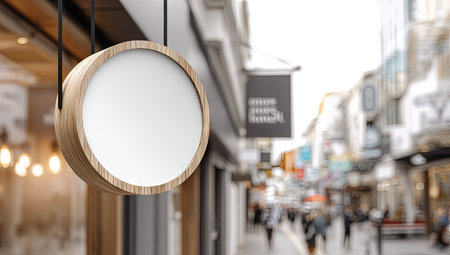 A round sign with a wooden frame hangs outside, featuring a blank white space for text. The blurred background shows a street with buildings and people, suggesting a daytime commercial environment. The image displays a clean, modern aesthetic suitable for advertising or branding. This versatile image can be used for various business and promotional purposes.の素材