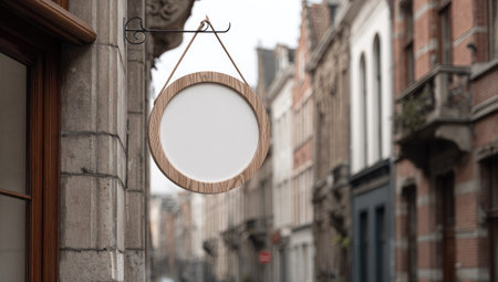 A circular wooden sign hangs from a building facade, offering blank copy space. The image showcases architectural details of brick and stone buildings. The lighting suggests a daytime setting, with a blurred background, inviting various commercial and marketing applications.の素材