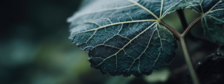 The image features a detailed shot of a green leaf with a prominent network of veins, set against a soft, blurred background. The color palette is dominated by shades of green and teal. The composition suggests a natural environment, likely outdoors. This image could be used in projects related to nature or botanical themes.の素材