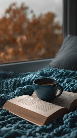 A coffee cup rests on an open book, situated upon a textured blue blanket. The warm drink contrasts with the cool tones of the setting. The image likely depicts an indoor, comfortable scene bathed in natural light, suggesting leisure. This could be used for various editorial or commercial applications.の素材
