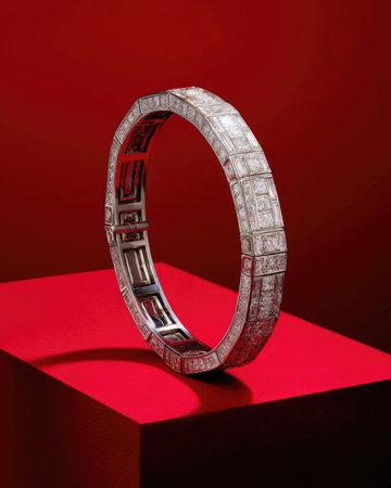 A luxurious diamond bracelet is showcased against a vibrant red backdrop, illuminated by studio lighting. The piece displays intricate detail and sparkle, suggesting high-end craftsmanship. This image is suitable for commercial applications, showcasing design and style, and is ideal for fashion and jewelry-related content.の素材