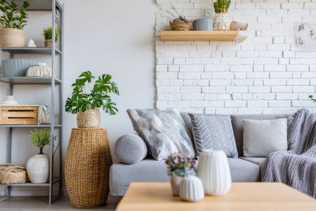 This image showcases a living room interior, focusing on a gray sofa adorned with pillows and a blanket. The scene includes potted plants, vases, and a wooden table. The lighting suggests a bright, daytime environment, with white brick wall. Suitable for illustrating home decor, lifestyle, or design concepts.の素材