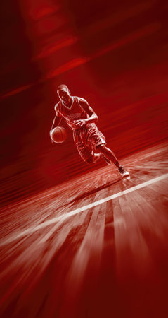 A basketball player is depicted in motion, dribbling the ball. The image uses a red and white color scheme, emphasizing dynamic movement. The composition features streaks suggesting speed and action. This image may be suitable for sports-related promotional materials or editorial content, with emphasis on energy.の素材