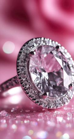 A close-up showcases a diamond ring on a pink textured surface. The ring features a large, clear gemstone surrounded by smaller stones, set in a silver band. Soft lighting highlights the sparkle of the gems. The image is suitable for advertising or editorial purposes related to luxury goods.の素材