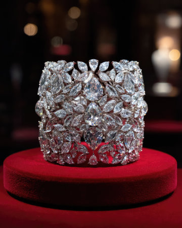 A dazzling diamond bracelet rests on a red velvet pedestal, presented against a dark background. The jewelry showcases a complex design of sparkling gemstones. The image highlights the radiant clarity and brilliance of the diamonds. This photograph may be suitable for editorial or advertising purposes.の素材