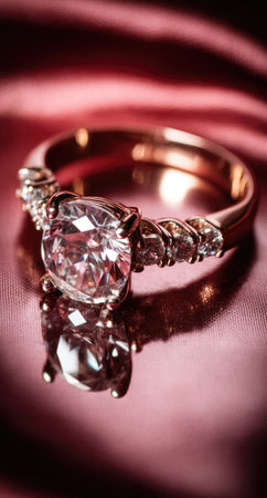 A close-up showcases a diamond ring with a gold band, set against a reflective, rose-colored surface. The ring features a prominent central diamond and smaller accent stones. The lighting creates soft shadows and highlights the texture. Suitable for presentations about jewelry, luxury goods, or related editorial concepts.の素材