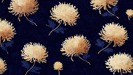 A visually appealing pattern displays numerous golden-toned chrysanthemum blooms set against a deep navy blue backdrop. The composition features various sizes and orientations of the flowers, with subtle shadowing. This design suggests applications for textiles, wallpapers, or decorative elements, appropriate for both commercial and creative projects.の素材