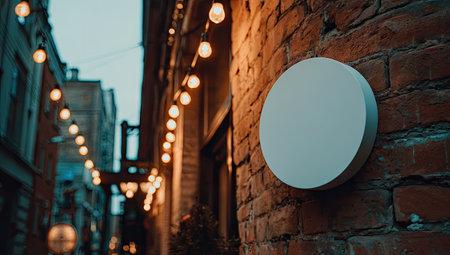 A close-up captures a brick wall adorned with a circular blank sign. String lights cast a warm glow against the textured wall, suggesting an evening setting. The image features a neutral-toned color palette with focus on the wall texture. Suitable for general advertising or design purposes.の素材
