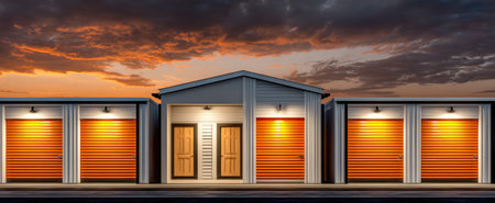 The image showcases a row of storage units with bright orange roll-up doors. The composition features a symmetrical arrangement with soft lighting, creating a welcoming atmosphere. The backdrop displays a beautiful sunset, adding a warm color palette. This could be useful for illustrations about storage and other commercial purposes.の素材