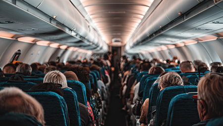 An interior view captures an airplane cabin filled with seated passengers. The composition presents a wide perspective with overhead lighting and a blurred background. The color palette consists of cool tones. The image may be suitable for illustrating travel experiences, commercial promotions, or editorial content on aviation.の素材