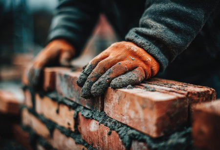 Close-up shows gloved hands of a construction worker carefully placing bricks to build a wall. The image features a warm color palette with brick texture and concrete. The composition focuses on the hands and the bricks, suggesting outdoor construction activity. This image can be used for editorial and commercial purposes.の素材