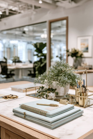 A modern office desk showcases a stack of notepads, a pen, and decorative items. The composition features a soft color palette, likely natural lighting, and clean lines. This arrangement offers a visually appealing and functional workspace. The image could be utilized in advertising or editorial content related to business or lifestyle.の素材