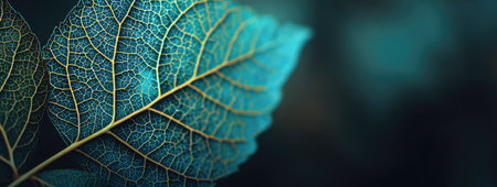 A macro shot presents a green leaf with an intricate network of veins, illuminated by soft light. The composition features a shallow depth of field, with a blurred dark background. This image could be suitable for various commercial applications, offering visual interest and a sense of natural beauty in diverse projects.の素材