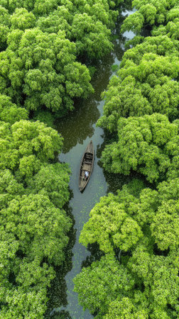 A small boat travels along a winding waterway surrounded by dense green foliage. The overhead perspective highlights the natural textures and vibrant colors. The scene suggests an outdoor environment, possibly a river or wetland. Suitable for various uses, including environmental or travel-related publications.の素材