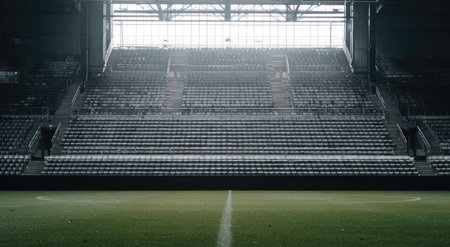 An indoor view of a large stadium reveals empty seats and a green field. The composition showcases a symmetrical arrangement of rows of seating leading to a large, bright window. The lighting is bright, and the overall style is minimalistic. Potential uses include promotional materials or content related to sports.の素材