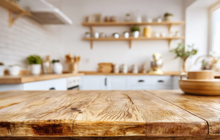 A close-up of a wooden table dominates the foreground, while a softly blurred kitchen scene forms the background. The composition features a light and airy aesthetic, with neutral colors and natural light. The image could be used for various commercial projects related to food, home decor or lifestyle topics.の素材