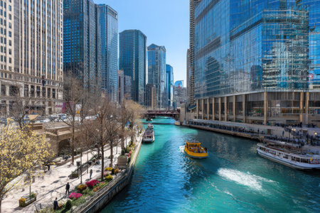 A wide cityscape presents tall buildings flanking a river with boats. The structures feature glass facades and varied architectural styles. Turquoise water reflects the buildings and bright sunlight. The scene is suitable for commercial use in the fields of travel, real estate, and urban development.の素材