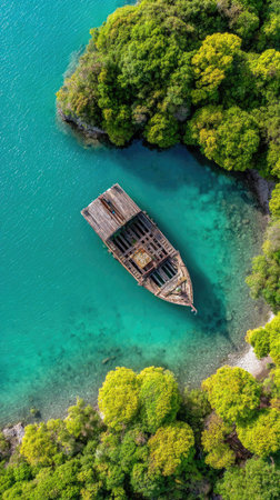 An overhead shot reveals a weathered wooden boat resting on a turquoise lake. The surrounding landscape is filled with dense, vibrant green trees. The composition, with its natural lighting and rich colors, is suitable for various commercial uses such as travel or environmental themes.の素材