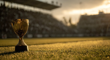 A golden trophy stands prominently on a well-maintained grassy field, set against the backdrop of a large stadium filled with spectators. The scene is bathed in warm sunlight, suggesting either sunrise or sunset. The composition and lighting are suitable for editorial and commercial applications.の素材