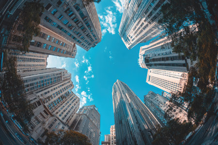 A low-angle shot captures towering skyscrapers set against a vibrant blue sky. Buildings exhibit diverse architectural styles with varied colors. The composition highlights upward lines, emphasizing height and perspective. Ideal for illustrating urban landscapes, architectural projects, or general commercial applications needing cityscape imagery.の素材