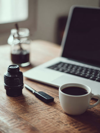 A laptop, a cup of coffee, a pen, and other accessories are arranged on a wooden surface, likely in a work environment. The composition features soft, natural lighting, which highlights the textures and shades. The scene conveys a sense of focus and productivity. Suitable for commercial and editorial projects.の素材
