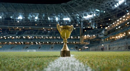 A golden trophy stands prominently on a green field, positioned on a white line. The stadium background features rows of seating and bright lights. The image suggests a moment of victory or celebration, suitable for various commercial projects needing motivational or success-related visuals.の素材