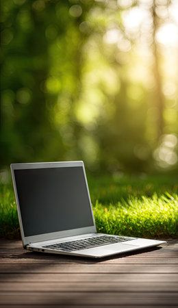 An open laptop is positioned on a wooden surface with green grass and trees in the background. The composition uses natural lighting and a blurred effect to create depth. The scene may represent outdoor computing or remote work. This image could be used in various commercial or editorial contexts.の素材
