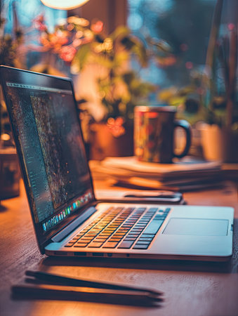 A laptop sits open on a wooden desk, displaying a lit screen with code. A mug and stack of books are also present. The background features greenery bathed in warm light. This image may be suitable for illustrating technology, work, or lifestyle themes, and could be used for various commercial projects.の素材