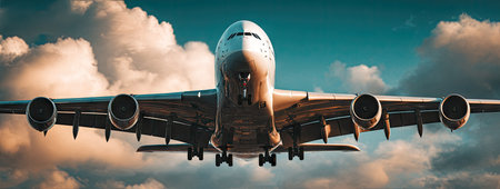 The image presents a large commercial airplane in flight, viewed from a low angle against a backdrop of fluffy white clouds and a blue sky. The composition features a symmetrical frontal view of the aircraft. It could be utilized in a variety of applications, including travel and transportation themes.の素材