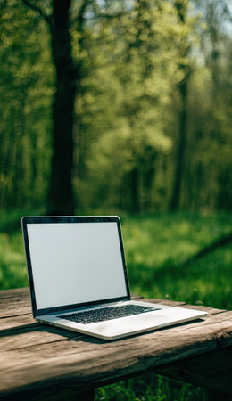 A laptop computer rests on a wooden surface, displaying a blank screen. The composition features natural sunlight, creating soft shadows. The background presents a blurred view of a vibrant green forest. This image is suitable for representing technology, work, or lifestyle concepts in various commercial projects.の素材