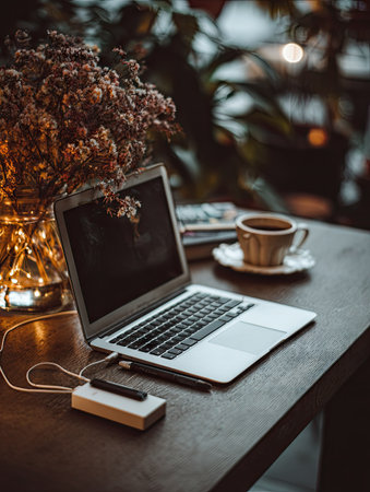 A laptop and a cup of coffee sit on a wooden table, alongside decorative flowers and a charging device. The scene displays a warm color palette, and soft lighting suggesting an indoor setting. This setup suggests a comfortable workspace suitable for various business and creative projects. It could be used for articles or marketing.の素材