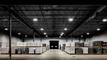 Inside a vast warehouse, stacks of packaged goods sit on pallets, illuminated by overhead lighting. The industrial space displays a repetitive pattern of support beams and a dark ceiling. This image suggests a logistics or distribution setting, suitable for commercial applications.の素材