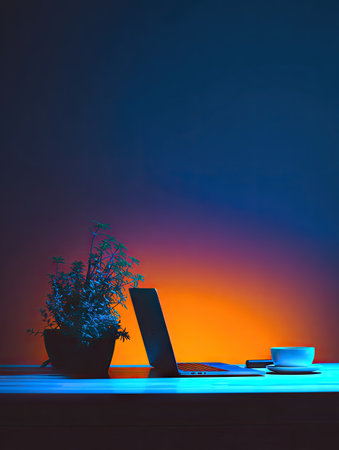 A laptop computer and a potted plant sit on a desk, illuminated by a gradient of orange and blue light. The scene suggests an indoor setting, possibly a workspace, bathed in artificial lighting. The composition could be utilized for commercial projects and editorial content, highlighting technology and workspace aesthetics.の素材