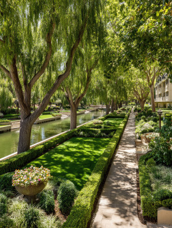 A scenic view features a canal with vibrant green foliage and a pathway alongside. The scene showcases lush trees, trimmed bushes, and bright sunlight. The image could be utilized for editorial content, illustrating outdoor spaces or landscape design projects.の素材