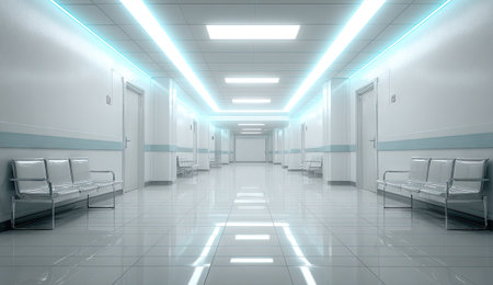 A long, empty corridor features rows of seats and closed doors. The architecture emphasizes clean lines with a minimalist aesthetic. Bright, cool-toned fluorescent lights illuminate the space, casting reflections on the glossy floor. This environment suggests a sterile, clinical setting suitable for medical or technological applications.の素材