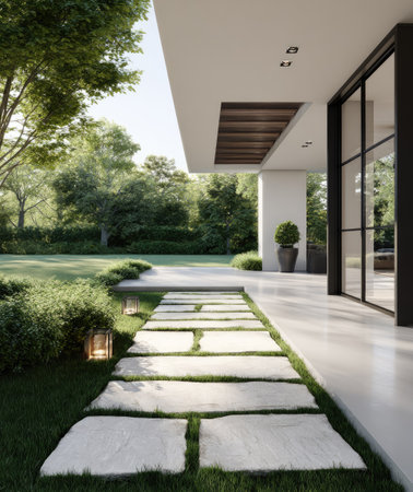 An architectural rendering showcases a modern home exterior featuring a stone path leading through a green space. The image highlights a minimalist design with clean lines, natural light, and a balanced composition. Ideal for showcasing residential design, landscaping, or architectural concepts in editorial or commercial projects.の素材