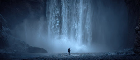 A person is seen standing before a large waterfall in a natural environment. The scene is bathed in cool tones, with water cascading and creating mist. The composition focuses on the person's silhouette. This image could be used for travel brochures, environmental campaigns, or editorial articles, illustrating themes of exploration or natural beauty.の素材