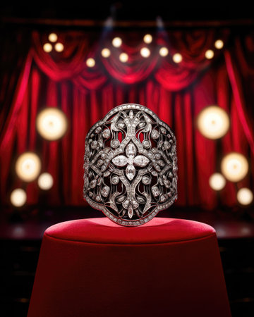 An elaborate, sparkling diamond ring is centered on a plush red pedestal against a backdrop of a red curtain. Soft spotlights illuminate the scene, creating a theatrical atmosphere. The detailed craftsmanship and luxurious texture suggest possibilities for editorial or commercial applications.の素材