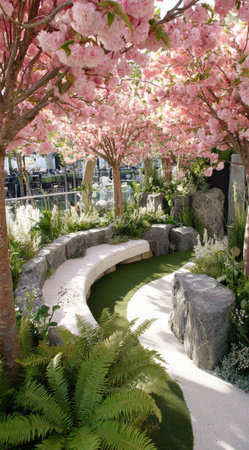 A peaceful garden scene features blossoming trees with pink flowers, framing a curved stone bench and pathway. The composition includes various shades of green from foliage and grass. The lighting appears to be natural, suggesting an outdoor environment. Suitable for editorial content or commercial purposes.の素材