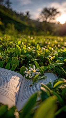 An open book rests among vibrant green leaves and small white flowers under a warm sunset. The natural light creates a soft, inviting atmosphere. The composition suggests a peaceful outdoor setting, suitable for projects related to reading, nature, or relaxation. Could be used in various commercial or editorial applications.の素材