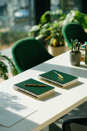 Two green notebooks and a pen rest on a white table. Sunlight streams through a window, illuminating the scene with natural light. Green chairs and leafy plants create a sense of freshness. This image could be used for various business or education related content.の素材