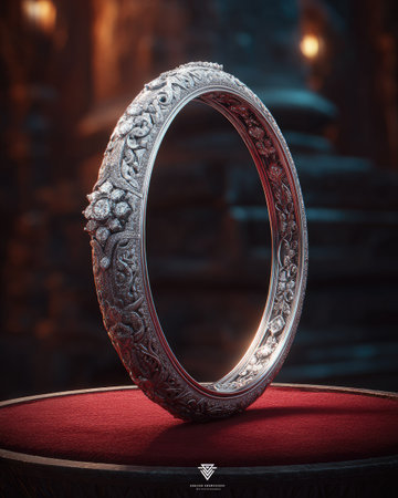A detailed image presents a silver bangle adorned with intricate floral carvings. The bangle rests on a red surface, set against a dark, blurred background. The lighting creates depth and highlights the texture of the metal. Suitable for use in luxury, jewelry, or design-related projects.の素材
