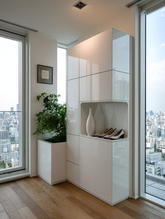 A modern interior showcases a white storage unit alongside a potted plant. The sleek, minimalist design features clean lines and a bright, neutral color palette. Large windows provide ample natural light, highlighting the textures of the wooden floor and the unit's glossy surface. Suitable for architectural, design, or lifestyle projects.の素材
