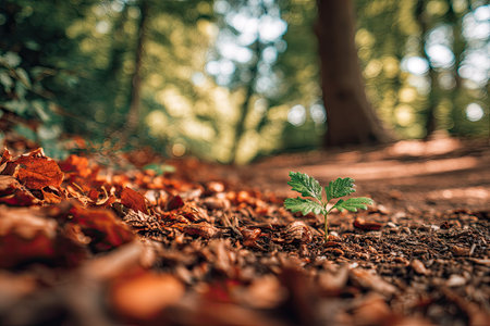 A close-up view reveals a small, green plant emerging amidst fallen, dry leaves. The composition emphasizes natural textures and earthy tones. Soft lighting creates a blurred, natural backdrop of trees and foliage. This image could be utilized for projects related to nature, ecology, or environmental themes.の素材