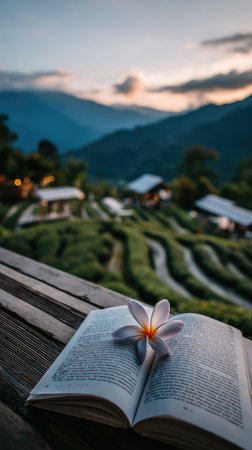 An open book displays text with a delicate flower resting on its pages. The book sits on a wooden surface, with a blurred background of lush green hills and mountains. The soft lighting and composition suggest a peaceful, outdoor setting, suitable for various editorial or commercial applications.の素材
