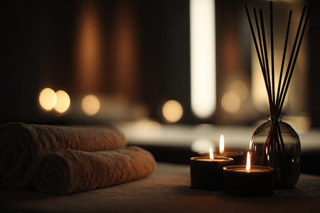 This image depicts a tranquil spa setting with warm lighting. A stack of rolled towels is in the foreground, while lit candles and a reed diffuser provide a sense of calm. The composition and soft focus suggest relaxation and rejuvenation, ideal for wellness or lifestyle content.の素材